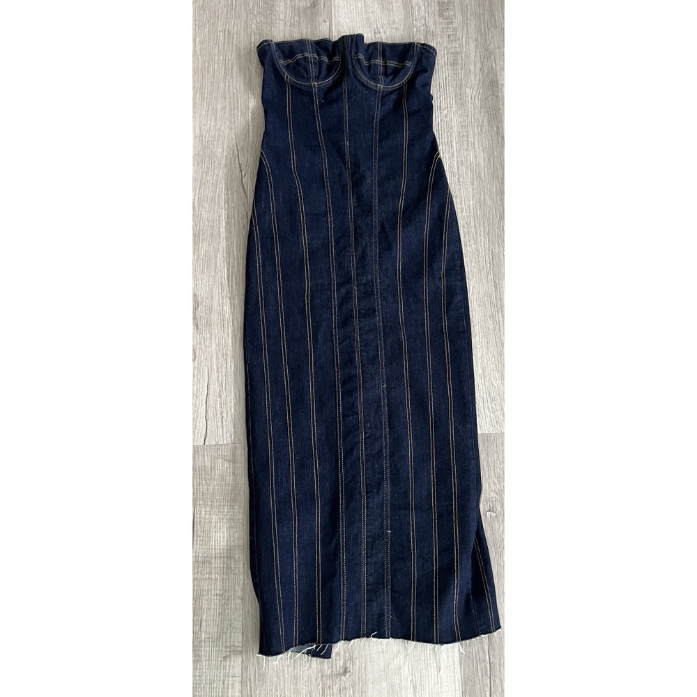 Zara Long Dark Blue Denim Bustier ZW Bodycon Corset Dress Topstitched Size L - Picture 5 of 15